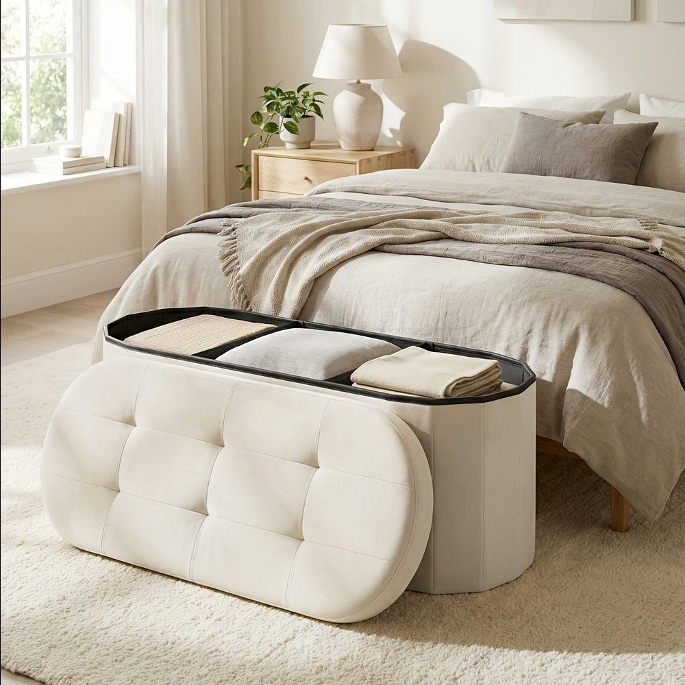 Folding Storage Ottoman – Oval Velvet Foot Rest Extra Seat & Blanket Box Collapses Flat 15"x43"x15" for Bedroom Living Room in Pink White & Black
