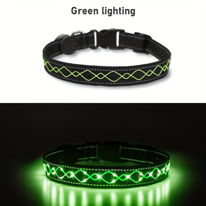 USB Rechargeable LED Embroidery Dog Collar for Night Safety – Glowing Decorative Light-Up Pet Collar with Adjustable Fit for Small Medium Large Dogs, 4 Colors, Sizes S M L