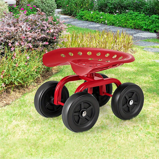 Garden Cart with Seat 330LBS Heavy Duty Rolling Scooter 5 Inch Adjustable Height 360 Swivel Seat 4 Non-Slip Wheels Ergonomic for Lawn Yard Planting Pruning Red Blue Green
