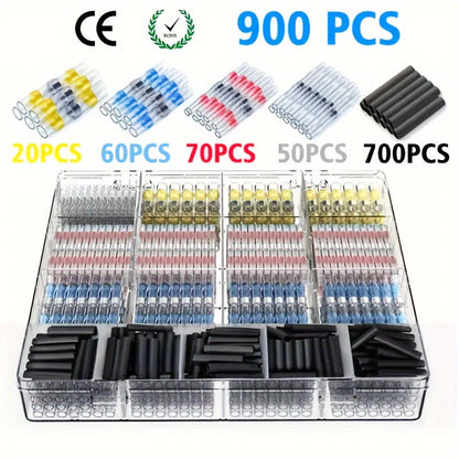900-Piece Electrical Terminals Kit – Butt Splices Solder Seal Wire Connectors & Tube Sleeves for Boats Vehicles & Motorcycles