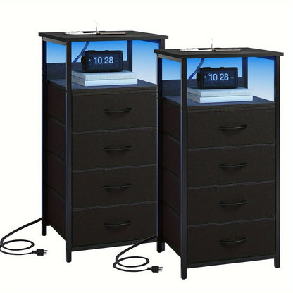 LED Nightstand with Charging Station - 1/2/3/4 Drawers, RGB App-Controlled Music-Sync Lighting, Metal Frame, Fabric Drawers & PU Finish, Adjustable Legs, 2 AC Outlets - 1 or 2 Pack - Bedroom & Living Room - Black, White, Gray & Brown
