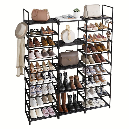 9-Tier Shoe Rack Organizer - 50-55 Pairs, Stackable Metal Shelf with Hooks - 129.5×26.9×155.4cm - Entryway, Bedroom & Closet Shoe Storage - Black