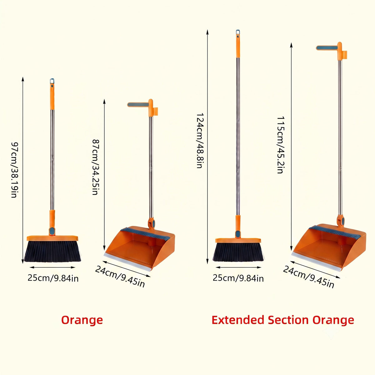 2-Piece Handle Broom & Dustpan Set - Portable Indoor Sweeping Set for Home, Kitchen, Wood Floors & Pet Hair - Standard & Extended Handle - White, Blue & Orange