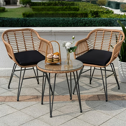 3-Piece Outdoor Rattan Patio Bistro Set with Glass Top Table & Washable Cushions for Garden Terrace Deck & Poolside – Beige or Black