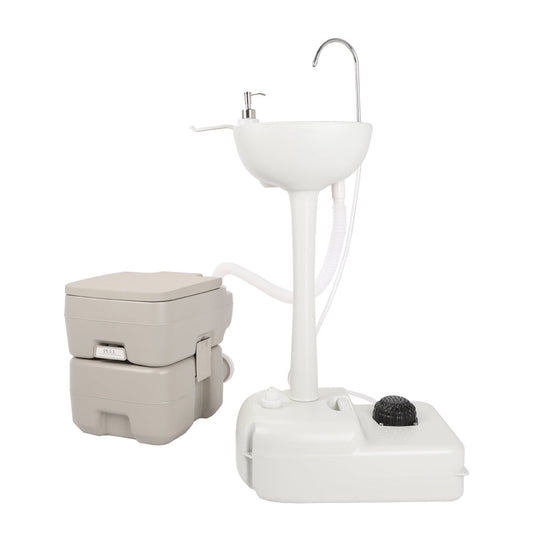 Portable Outdoor Hand Sink & Toilet Set HDPE No-Tool Assembly Pedal Design 3L Tank for Camping Worksite Boating & Outdoor Events – White