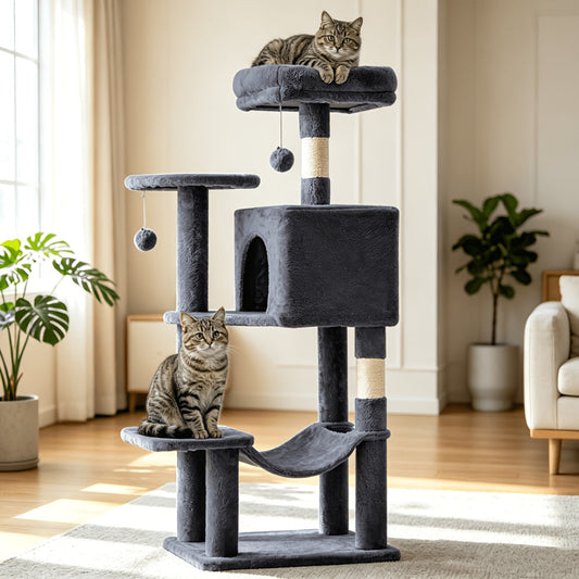 44 Inch Cat Tree Tower with Natural Sisal Scratch Posts, Large Hammock & Enclosed Cat Bed - Multi-Level Indoor Cat Climbing Structure for Large Cats & Multiple Cats, Modern Pet Furniture for Home