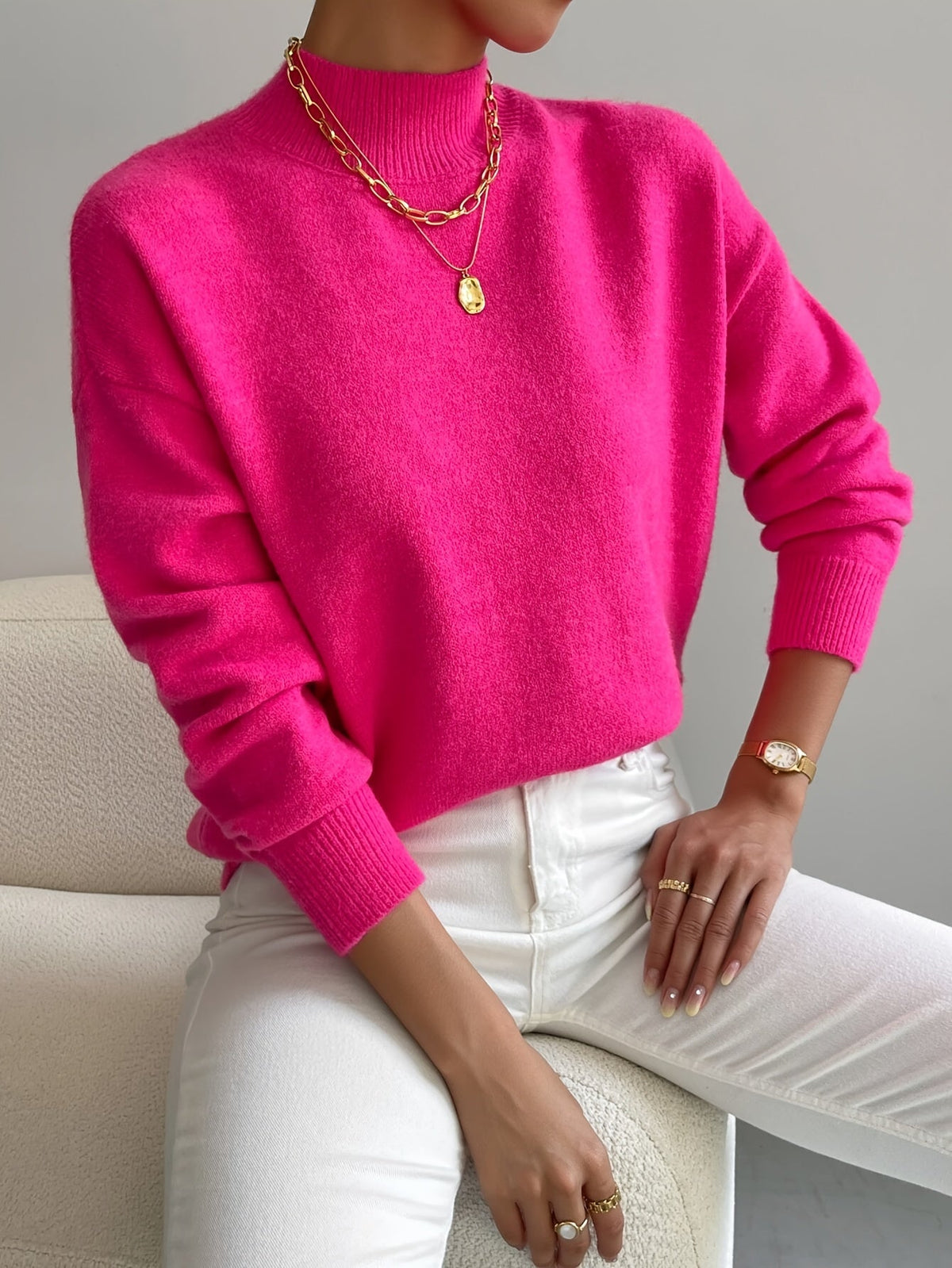 Women's Solid Color Mock Neck Drop Shoulder Pullover Sweater – Long Sleeve Knit Acrylic Blend Cozy Fall Winter Top