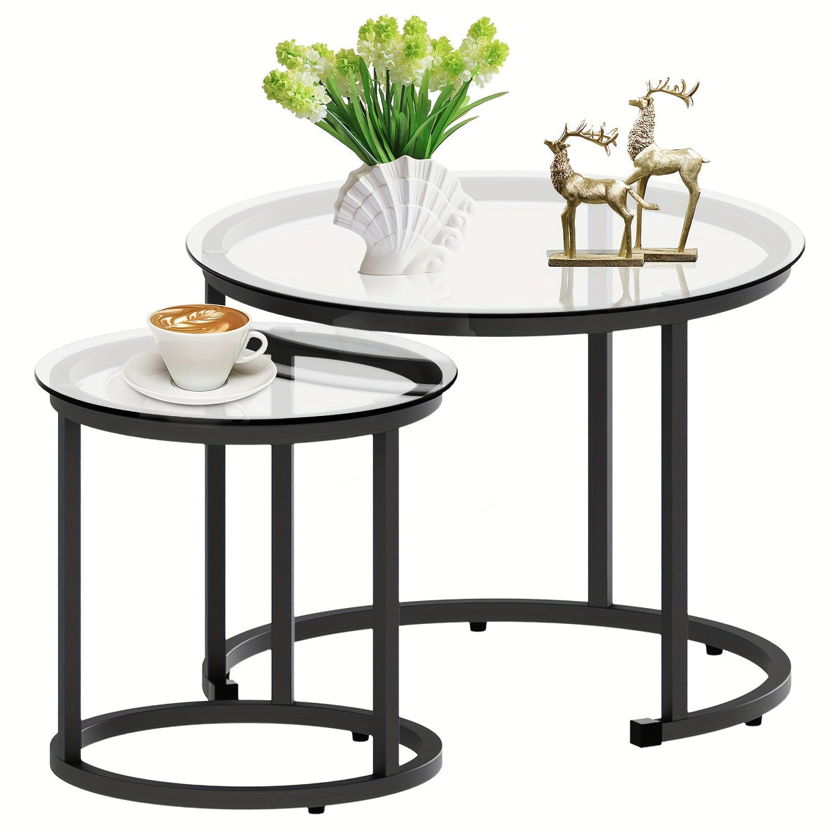 Nesting Glass Coffee Tables Set of 2 – Round Modern Industrial Metal Frame Side Tables for Living Room Bedroom in Clear Gray Striped & Tea Glass with Gold or Black Frame