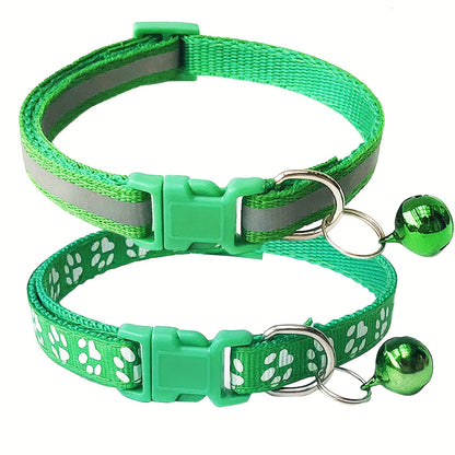 Reflective Pet Collar with Bell 2pcs Set - Adjustable Striped Polyester Cat & Dog Collar with Paw Print Design, Safety Breakaway Buckle, 10 Colors for Small Dogs and Cats, One Size