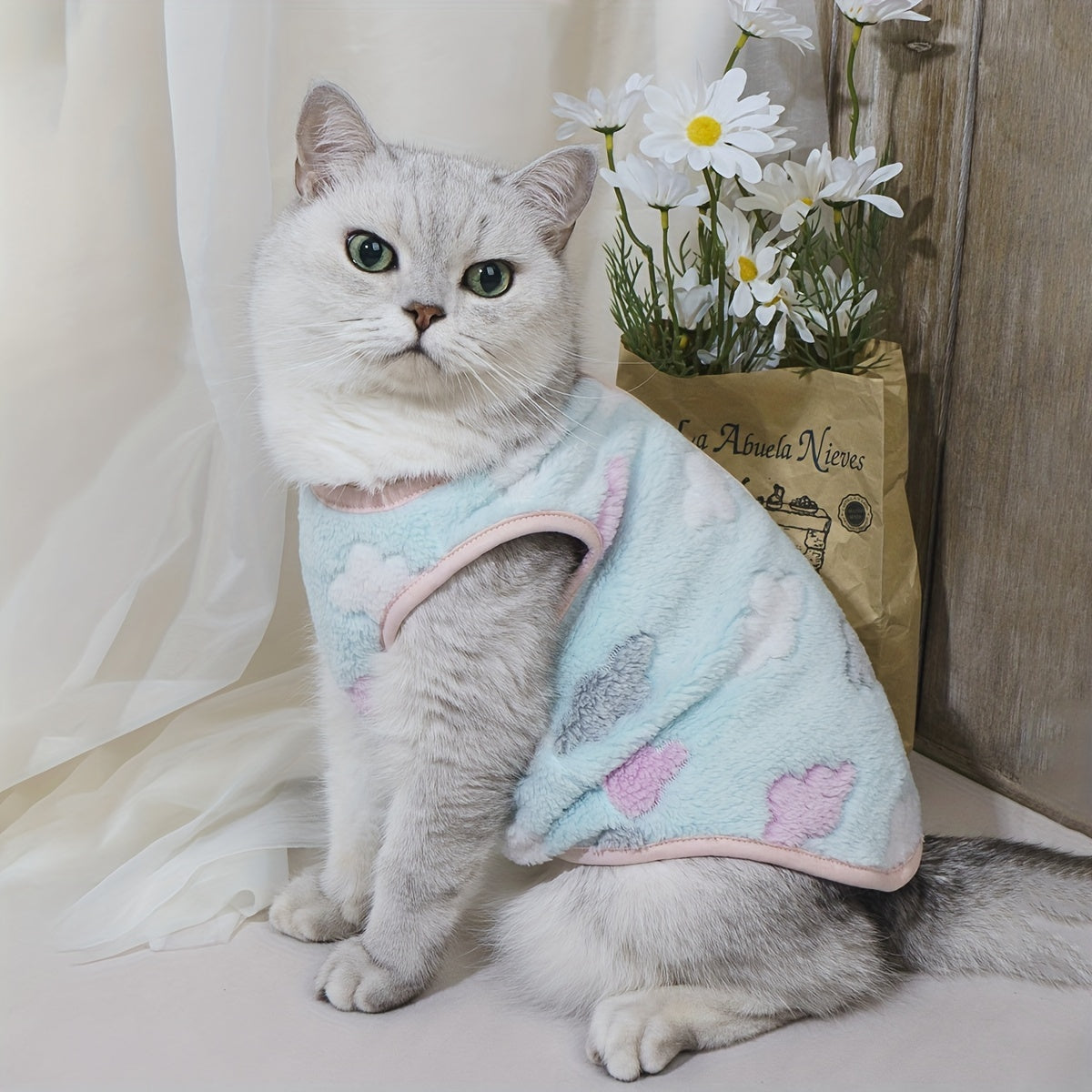 Star Moon Coral Fleece Pet Vest for Cats & Dogs - Cute Open-Back Warm Coat for Small to Medium Pets, Soft Indoor Outdoor Autumn Winter Dog Cat Sweater Apparel