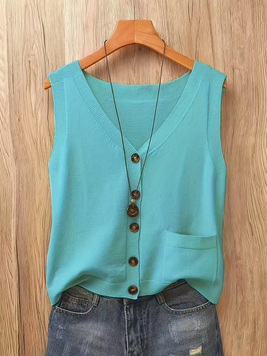 Artistic Vintage Knit Vest Women Loose V-Neck Sleeveless Cardigan Button Down with Pocket Spring Summer 2026 Collection – Acrylic Soft Knit