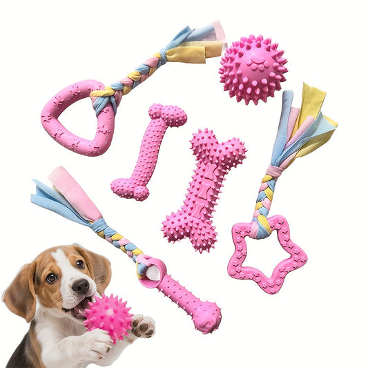 Dog Chew Toys Set of 6 Durable Rubber Interactive Teething Toys for Dogs Puppy Teeth Cleaning Chewing Toys for Aggressive Chewers Small Medium Large Breeds – Color-Themed Pet Dental Chew Toy Bundle