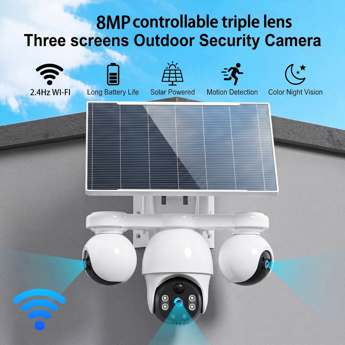 Solar-Powered Outdoor Security Camera, Triple Lens 8MP UHD, 360° Rotation, Color Night Vision, Motion Detection, Two-Way Audio, Wi-Fi / 4G LTE, Cloud & Local Storage, Detachable Solar Panel (SD Card Not Included)