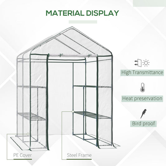 Walk-In Portable Greenhouse 56"x56"x77", 8 Wire Shelves, Transparent PVC Cover, Roll-Up Zipper Door, Ground Stakes & Guy Ropes, for Outdoor Garden Seedlings Flowers Vegetables, Year-Round Growing