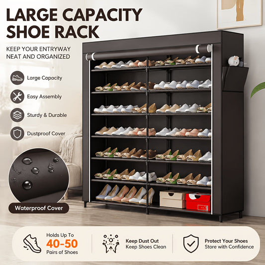 7-Tier Shoe Rack - 42 Pairs, Double Row, Dustproof Non-Woven Cover, Portable Shoe Storage Cabinet - Small Apartments & Closets - Coffee & Black