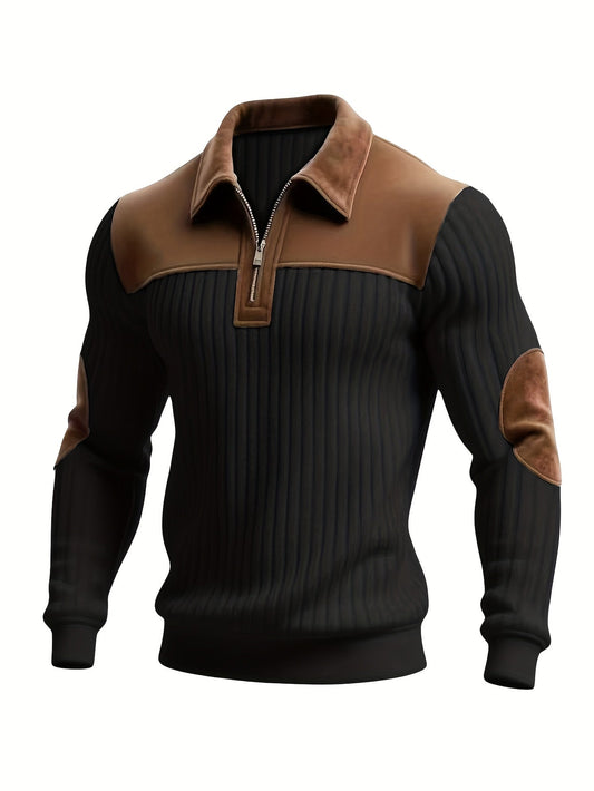 Men's Color-Block Ribbed Stand Collar Pullover - Zipper Detail, Thick & Warm, Long Sleeve - Casual, Daily & Commute - S–XXL - White, Black, Off-White & Olive